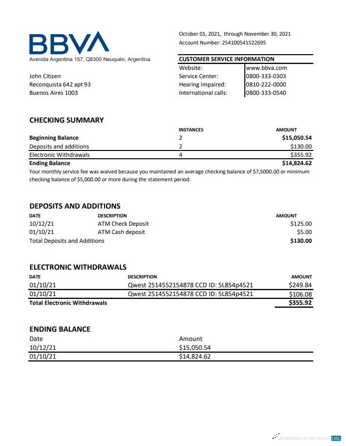 Download Argentina BBVA Bank statement excel Photoshop template